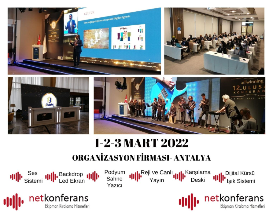 1-2-3 Mart 2022 tarihinde Antalya'da düzenlenen organizasyonda 5 ayrı salonda ses sistemi, led ekran, bacdrop, digital kürsü, karşılama deski, ışık sistemi, podyum, yazıcı ve bilgisayar desteği sağlıyoruz.