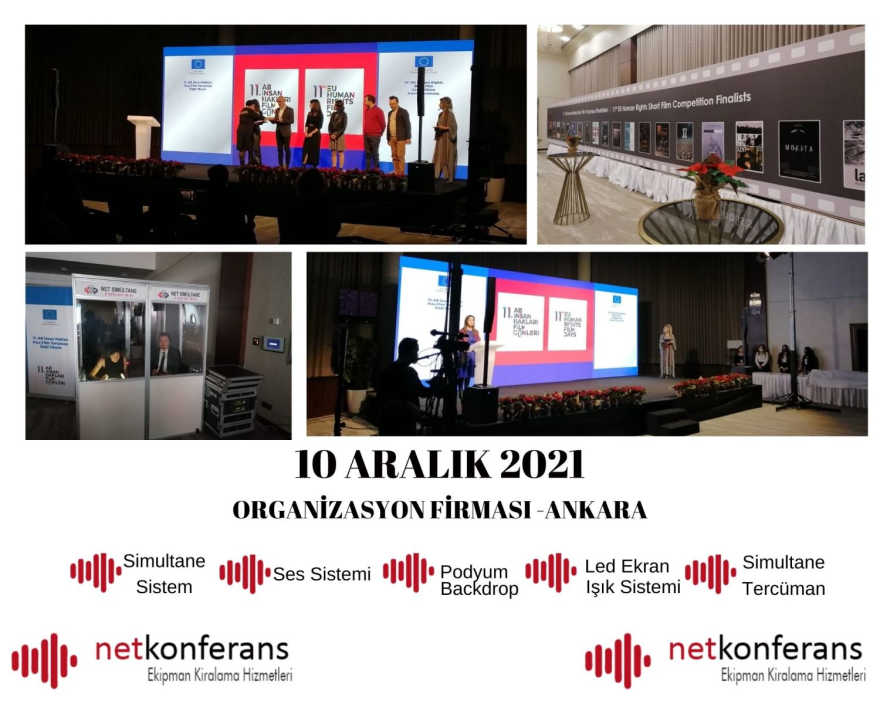 Organizasyon Firması'nin 10 Aralık 2021 tarihinde Ankara'da düzenlenen organizasyonda simultane sistem, ses sistemi, ışık sistemi, podyum, led ekran, backdrop ve simultane tercüme hizmeti sağlıyoruz.