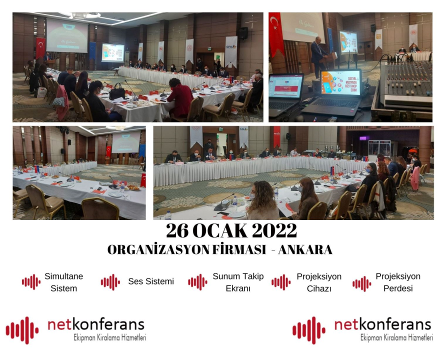 26 Ocak 2022 tarihinde Ankara'da düzenlenen organizasyonda simültane sistem, ses sistemi, sunum takip ekranı, perde prejoksiyon ve simültane tercüman hizmeti sağlıyoruz.