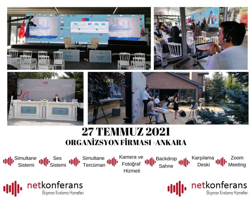 Organizasyon Firma’nın 27 Temmuz 2021 tarihinde  Ankara’da düzenlemiş olduğu organizasyonda Simultane Sistem, Ses Sistemi, Karşılama Deski, Backdrop, Sahne, Dekor, Led Ekran, Canlı Yayın, Kamera ve Fotoğraf Çekim hizmeti sağladık.